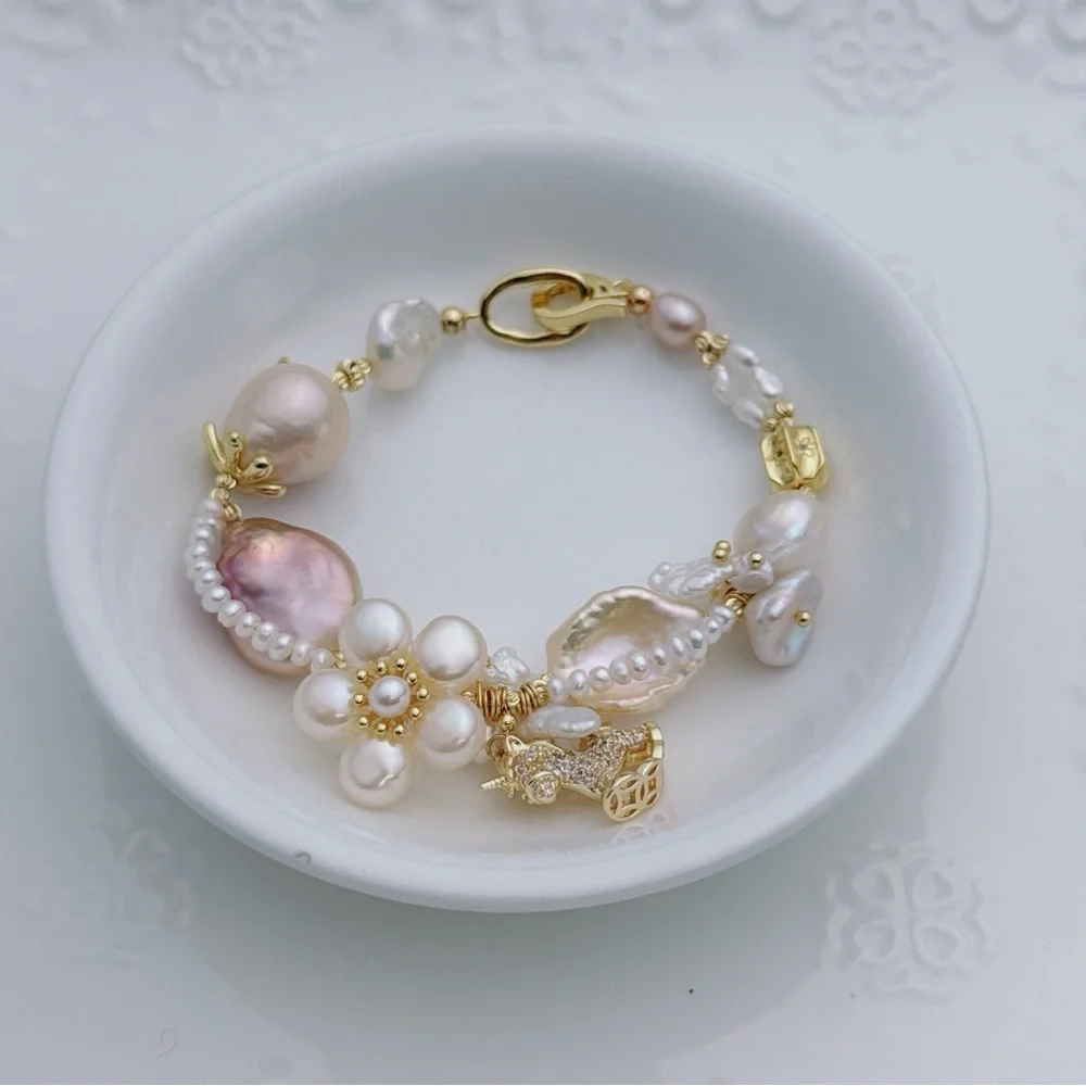 26B275 New Handmade Freshwater Baroque Bracelet 7” Gold Plated - Picture 4 of 11